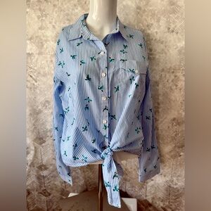 Blue and White tie front blouse